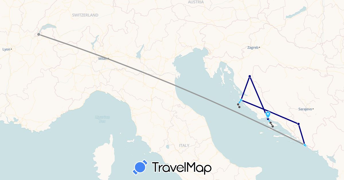 TravelMap itinerary: driving, plane, boat, motorbike in Switzerland, Croatia (Europe)